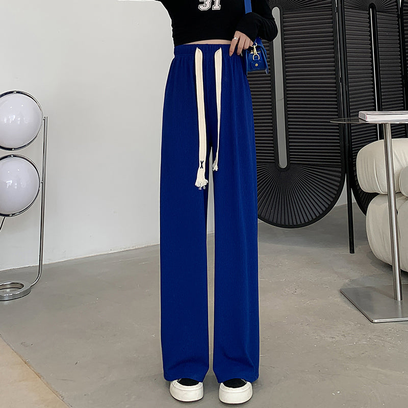 Blue Textured Wide Leg Drawstring Pants