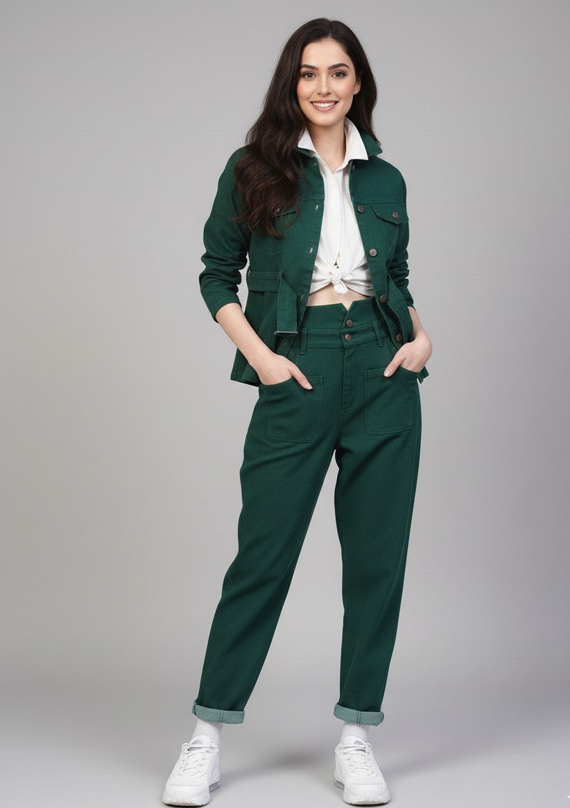Dark Green Full Sleeve Waist Tie-Up Jacket