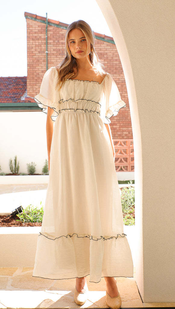 Cream Contrast Binding Off-Shoulder Dress