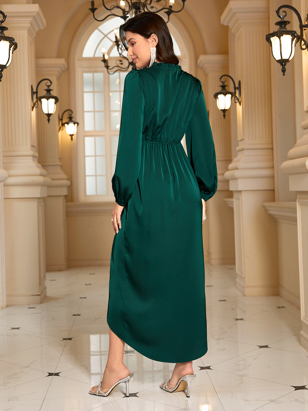 Green Bishop Sleeves V Neck Wrap Dress