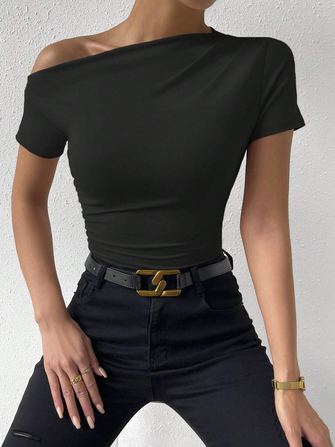 Black One- Off Shoulder Knit Top