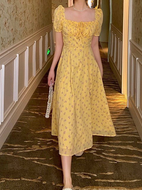 Yellow Square Neck Midi Dress With Puff Sleeve