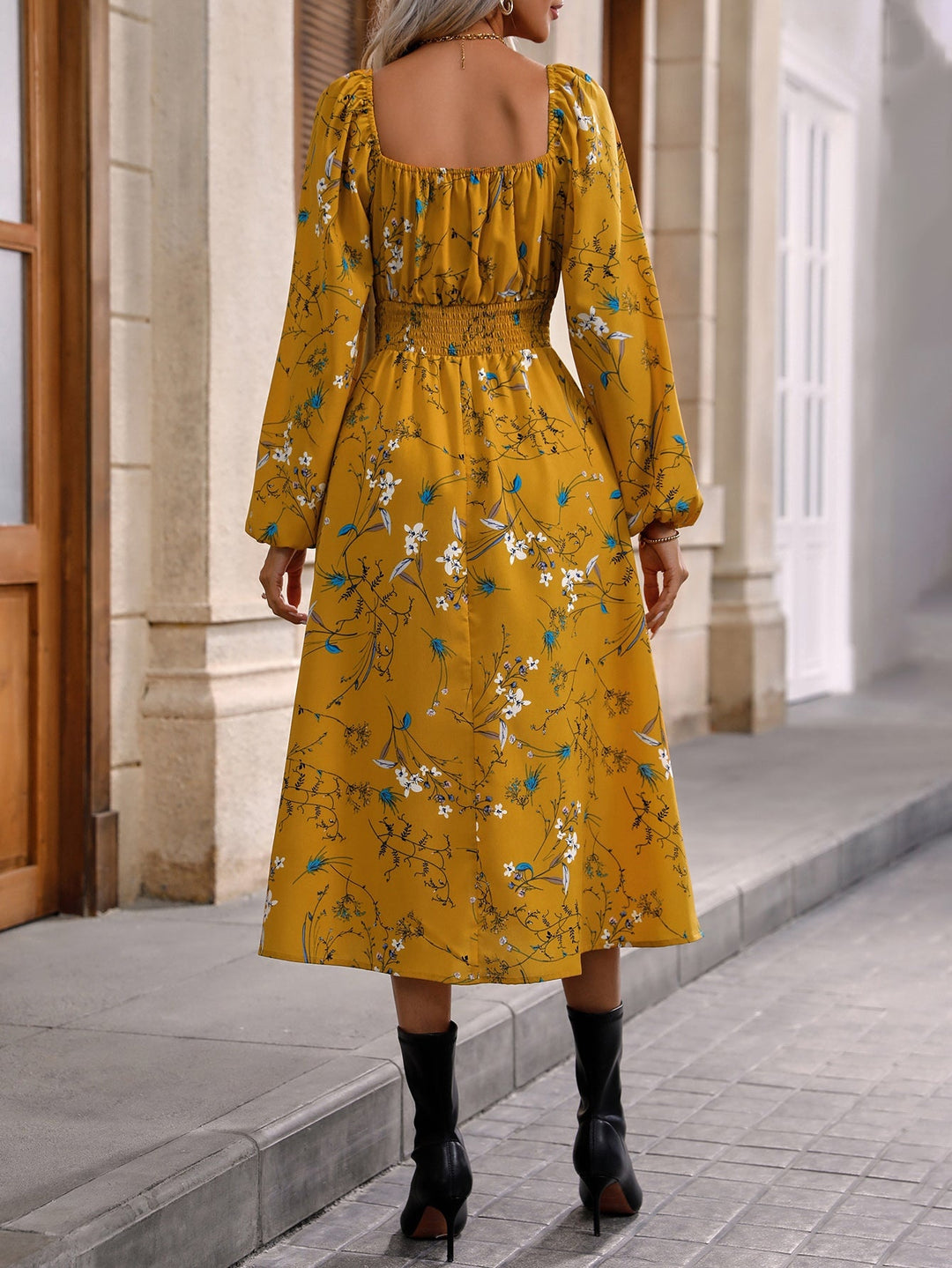 Mustard Bishop Sleeve Waist Elastic Dress