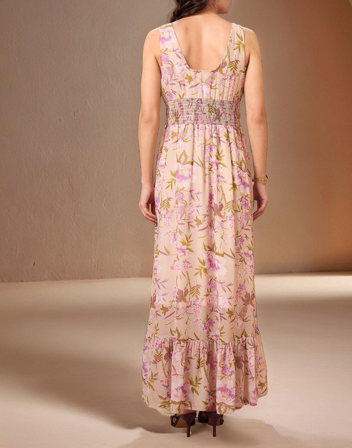Beige Sleeveless Printed Flowy Dress