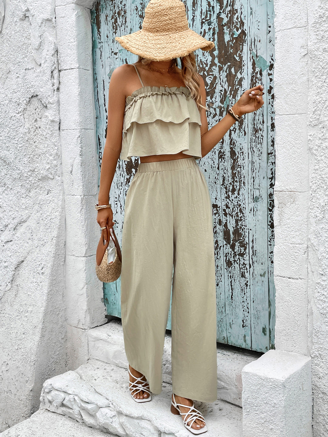 Beige Tiered Strappy Top With Straight Fit Trouser Co-Ord Set
