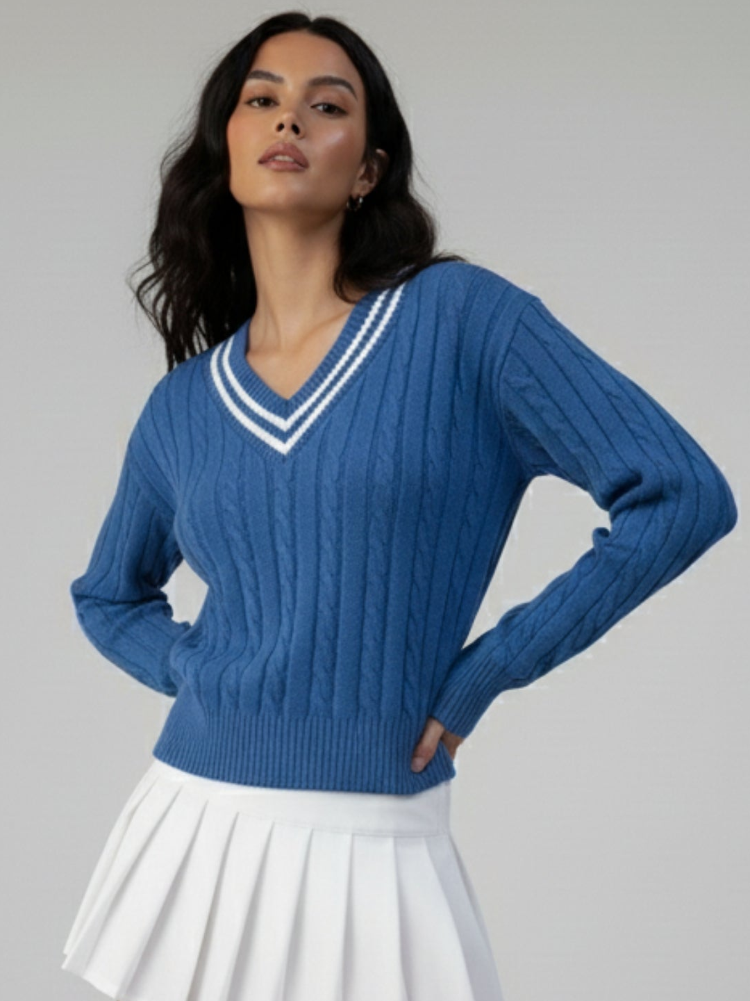 Blue V Neck Cable Structure Sweater