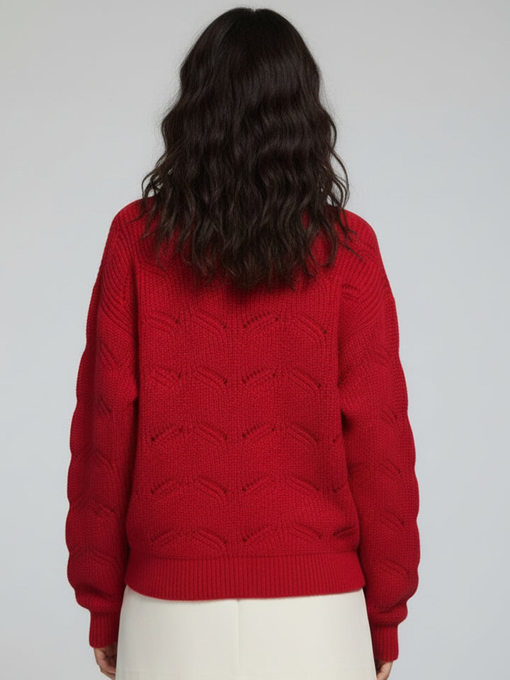 Red Full Sleeve Round Neck Fur Slouchy Sweater