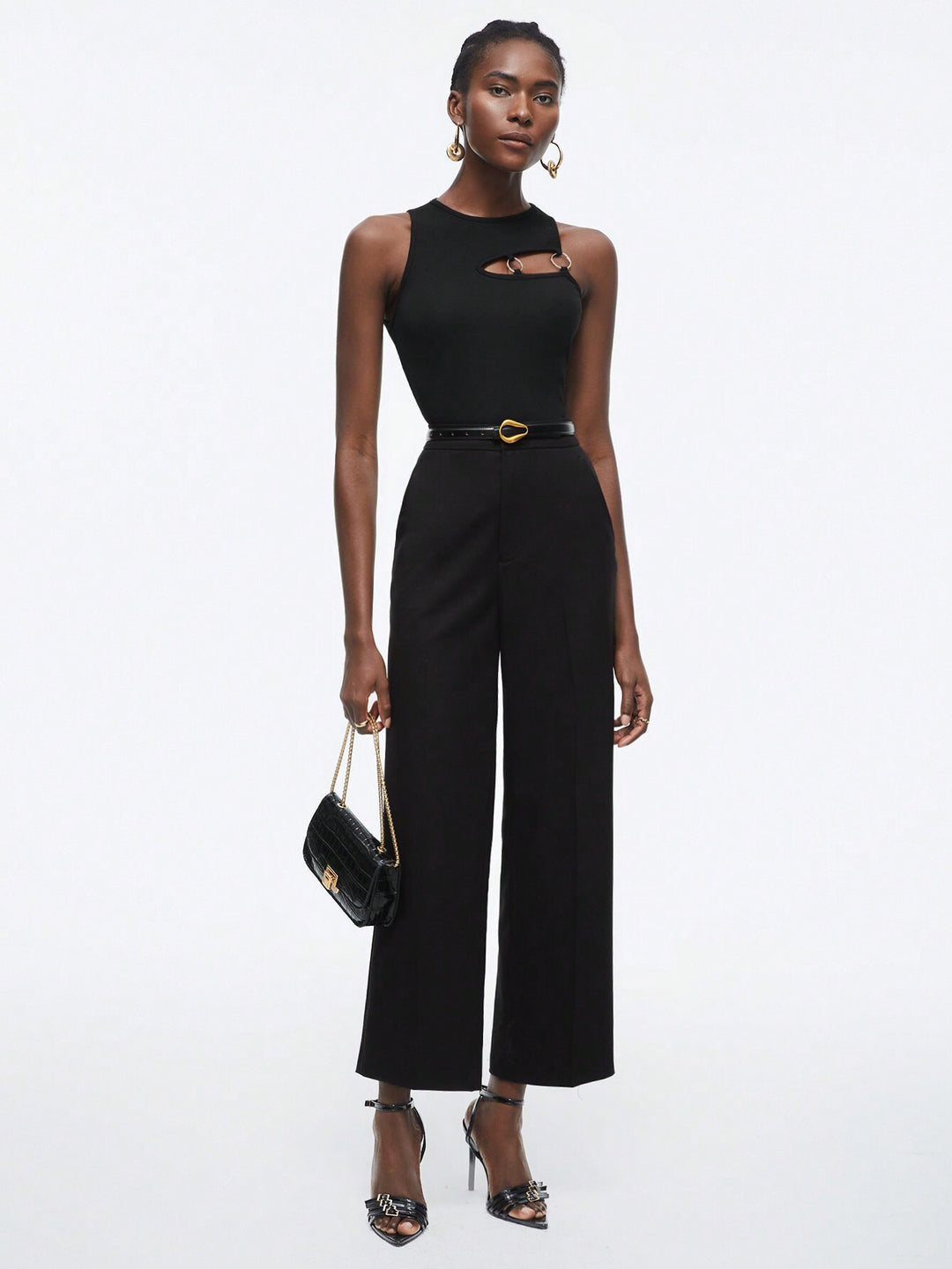 Black Sleeveless Metal Buckle Top