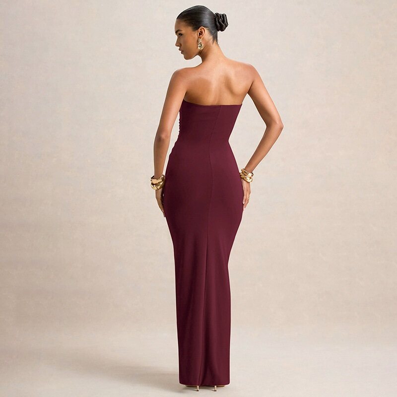 Wine Off Shoulder Sweetheart Neck Front Pleated Dress