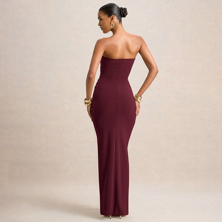 Wine Off Shoulder Sweetheart Neck Front Pleated Dress