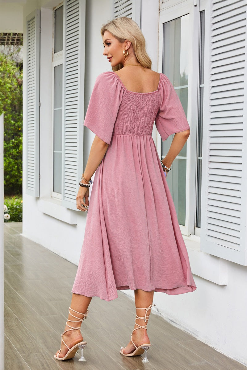 Pink Flutter Sleeved Bow Detailed Neck Dress