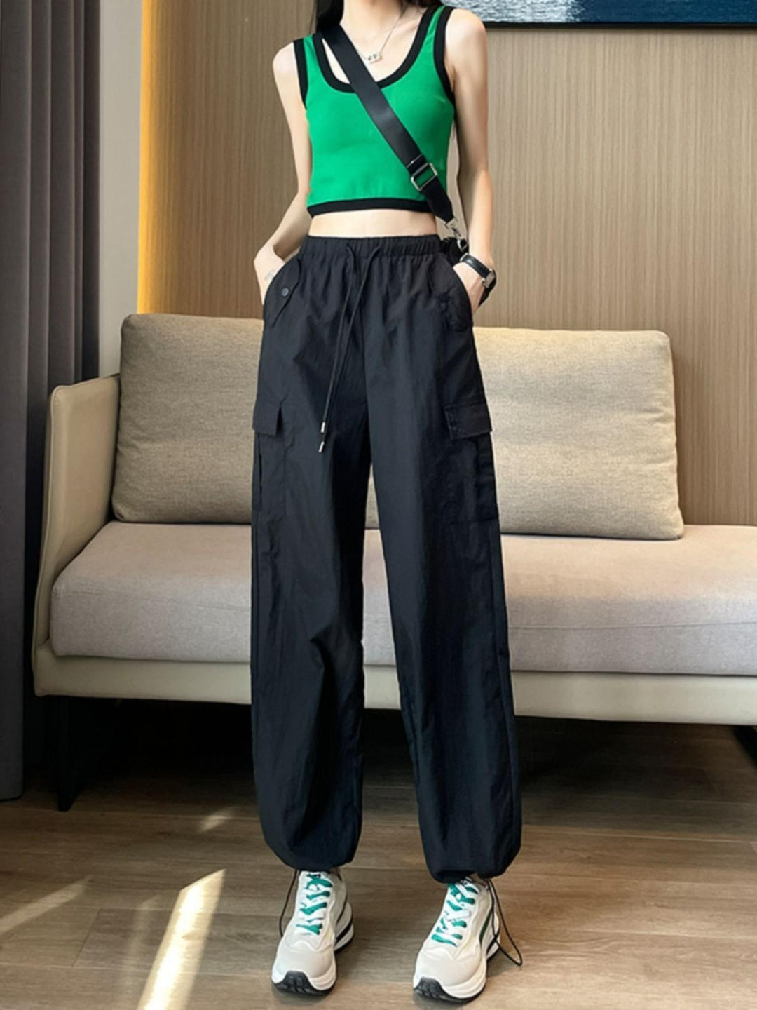 Black Elastic Cargo Pants With Drawstring