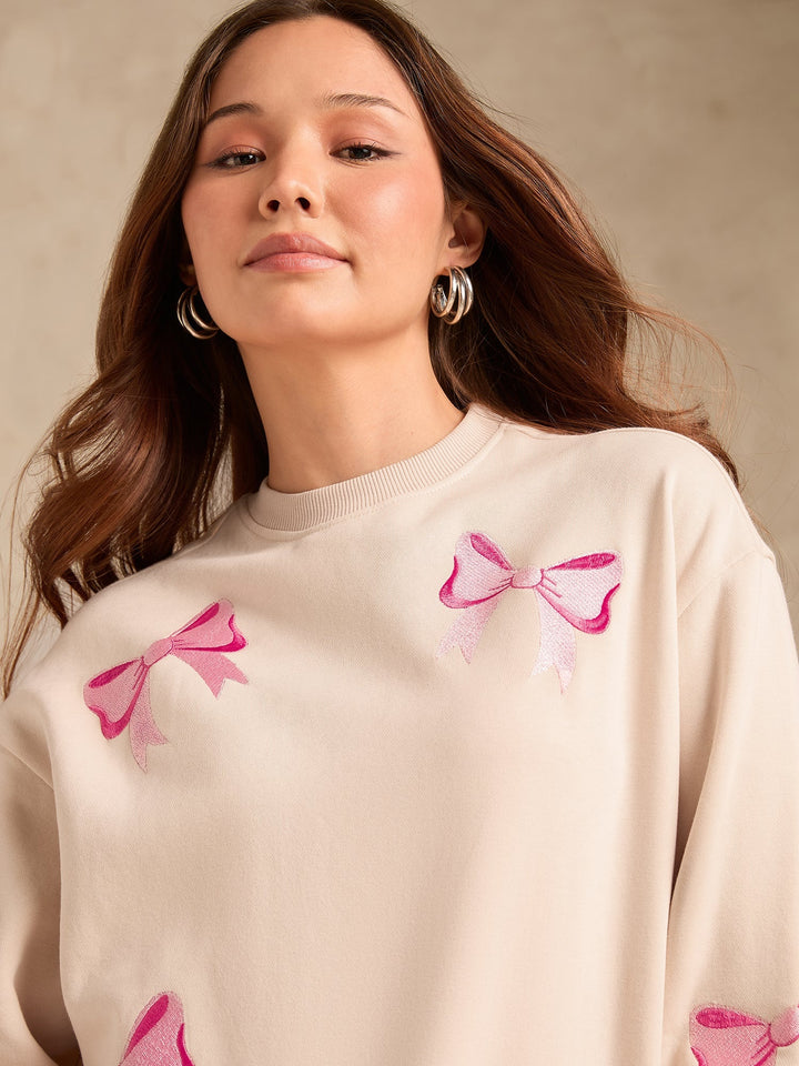 Cream Embroidered Bow Detail Russian Fleece Sweatshirt
