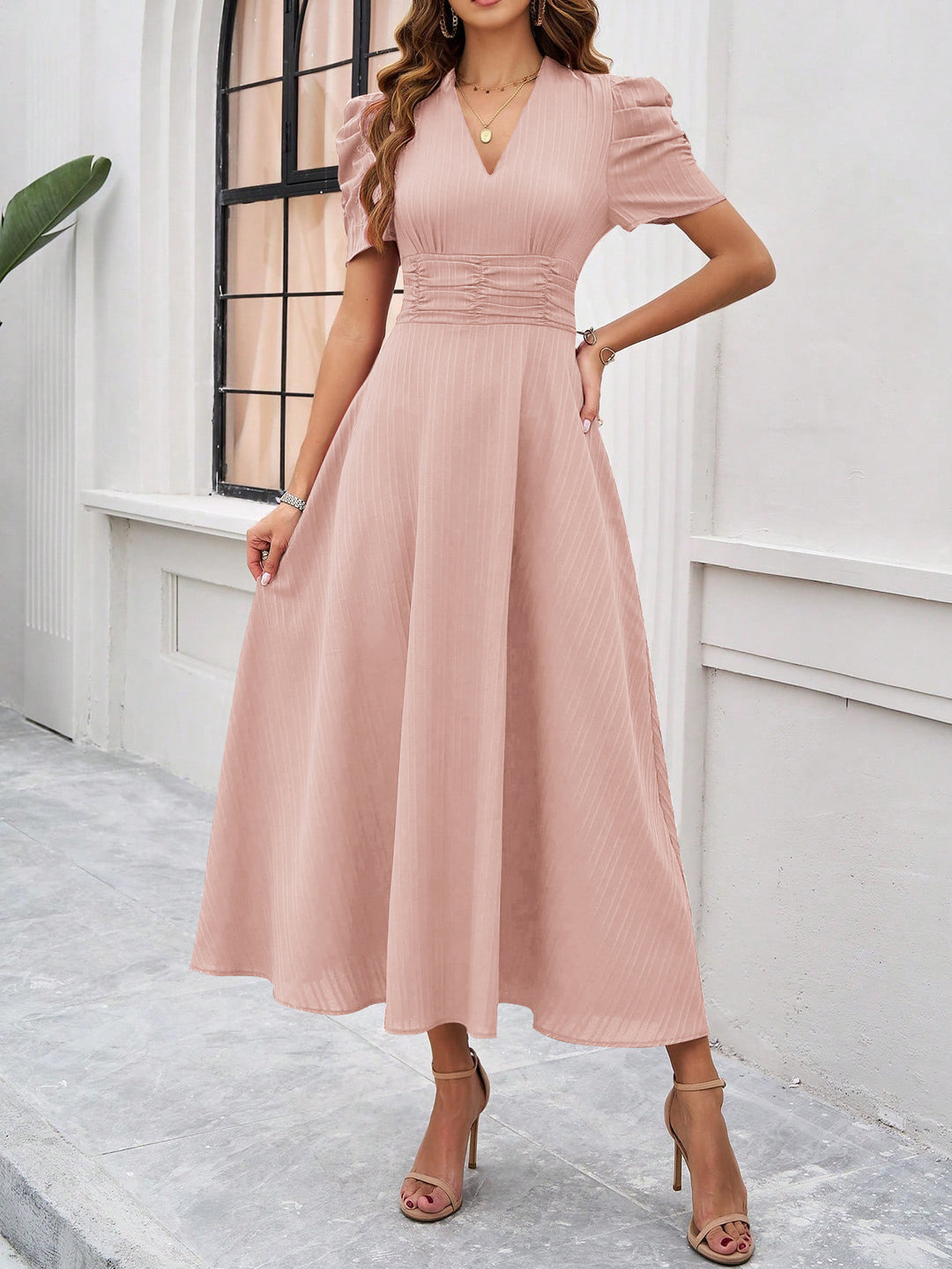Peach Fit And Flare Midi Dress