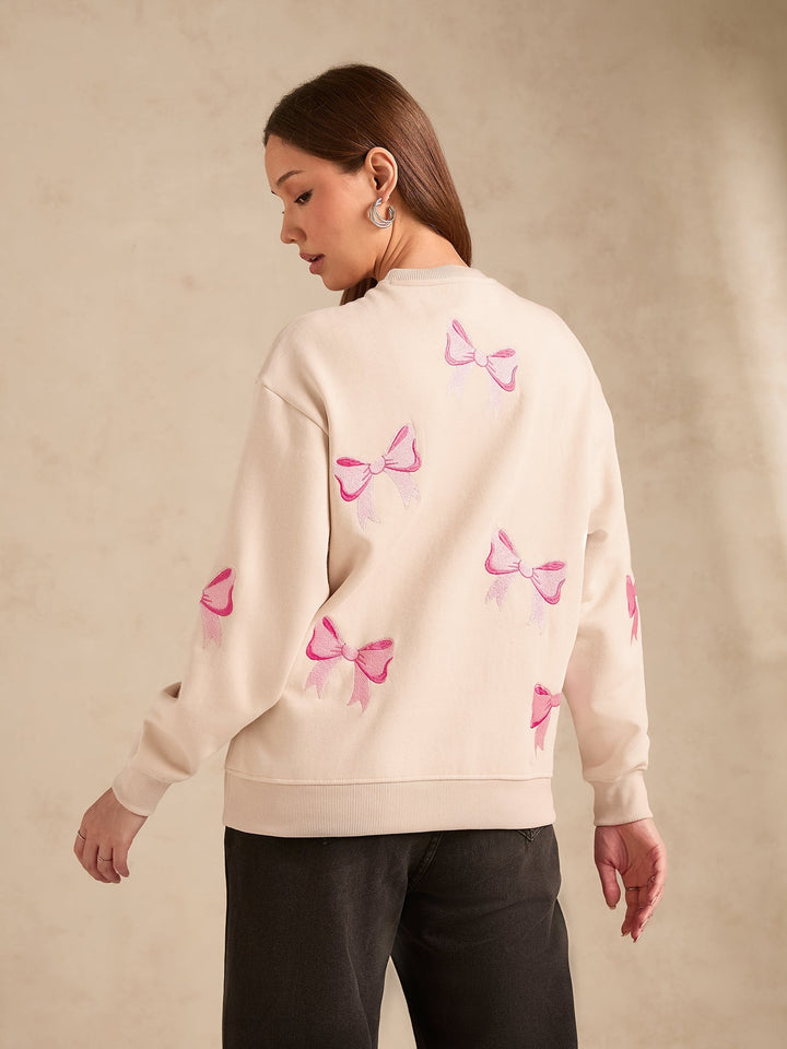 Cream Embroidered Bow Detail Russian Fleece Sweatshirt