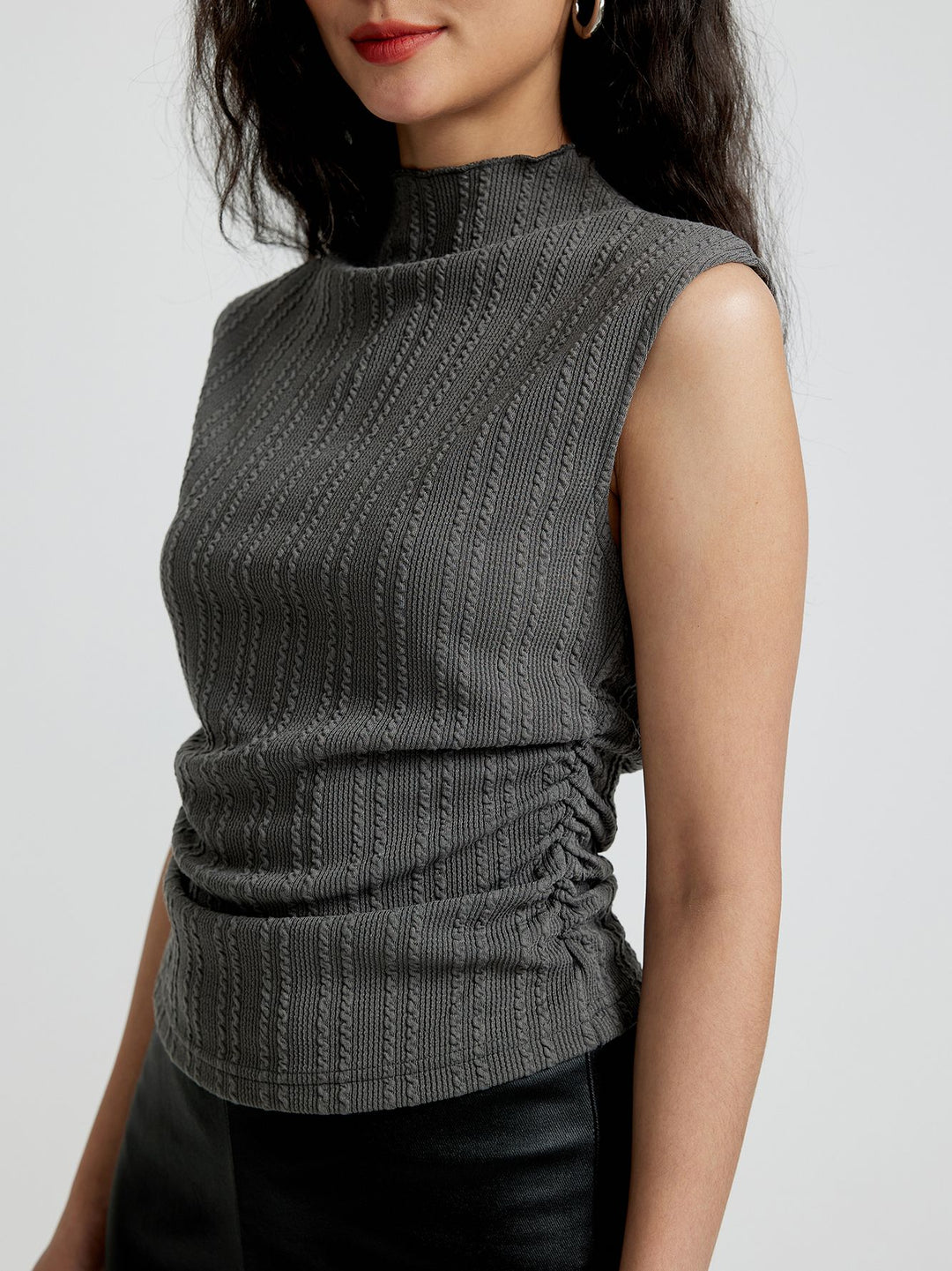 Grey Textured Knit Top With Side Ruching