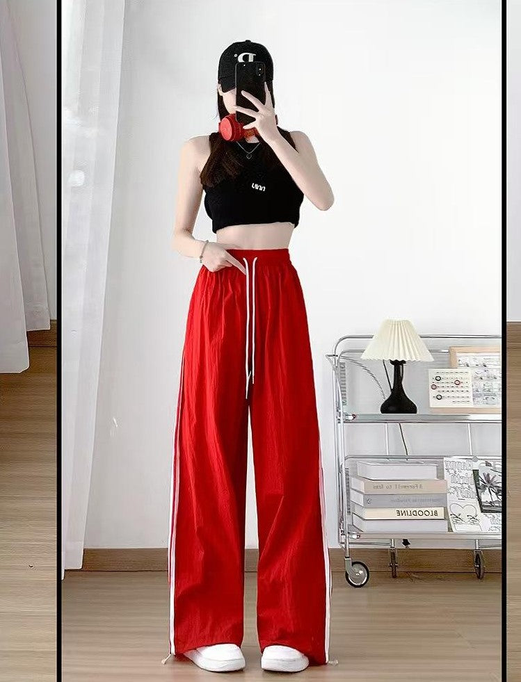 Red Wide Leg Drawstring Stripe Joggers