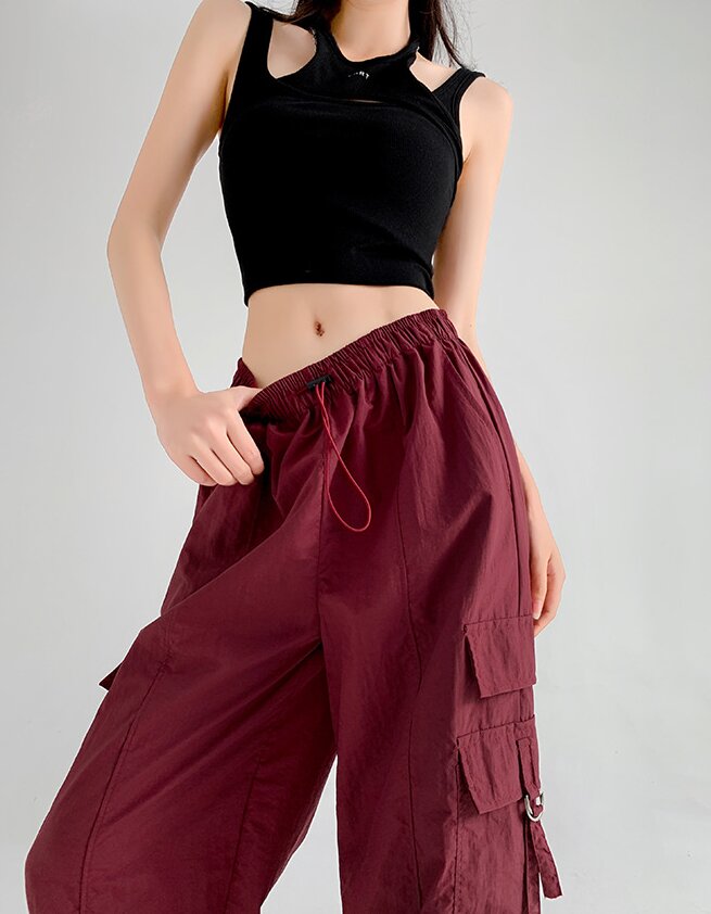 Wine Straight Fit Drawstring Parachute Cargo Pants