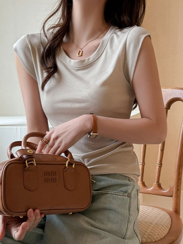 Cream Round Neck Solid T-Shirt
