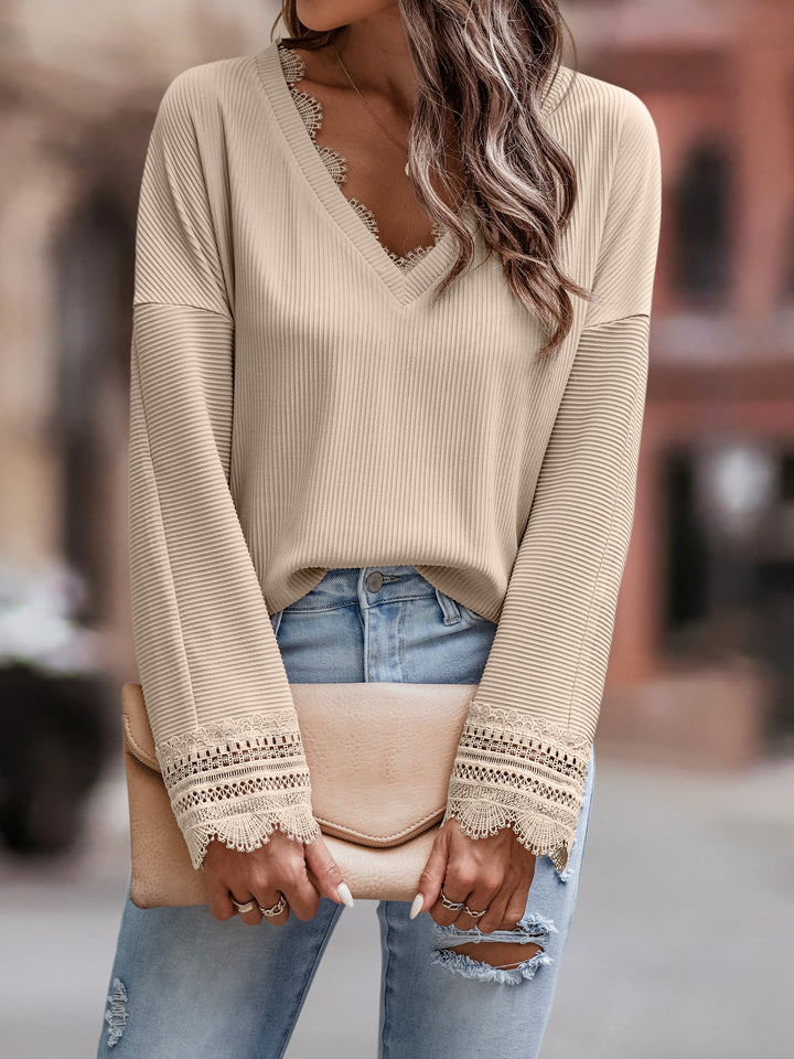 Khaki V Neck Top With Lace Inserts