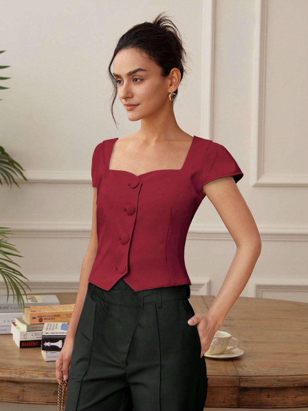 Red Front Button Top