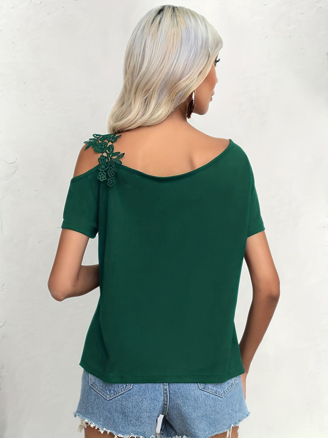 Dark Green One Shoulder Lace Strap Top