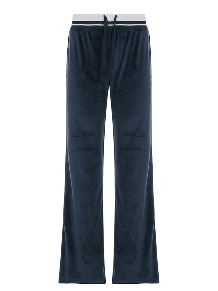 Navy Blue & White Waist Stripped Velvet Flared Pants