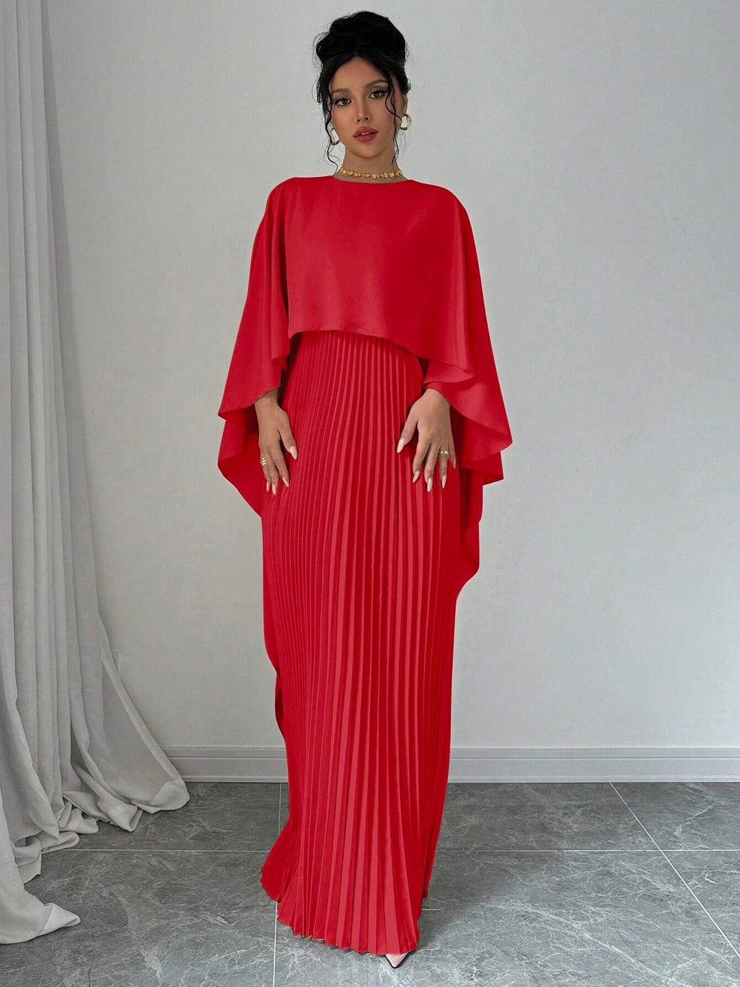 Red Crew Neck Coverup Pleated Dress