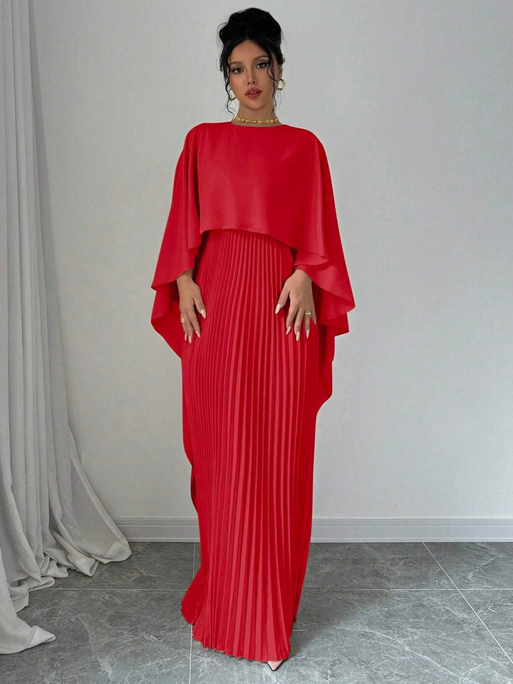 Red Crew Neck Coverup Pleated Dress