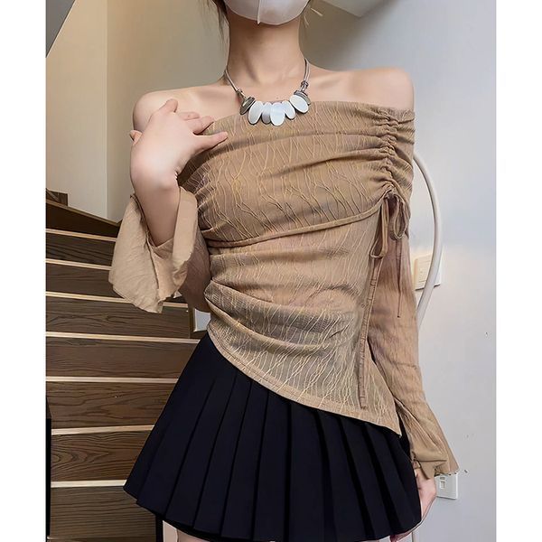Khaki Off-Shoulder Mesh Top