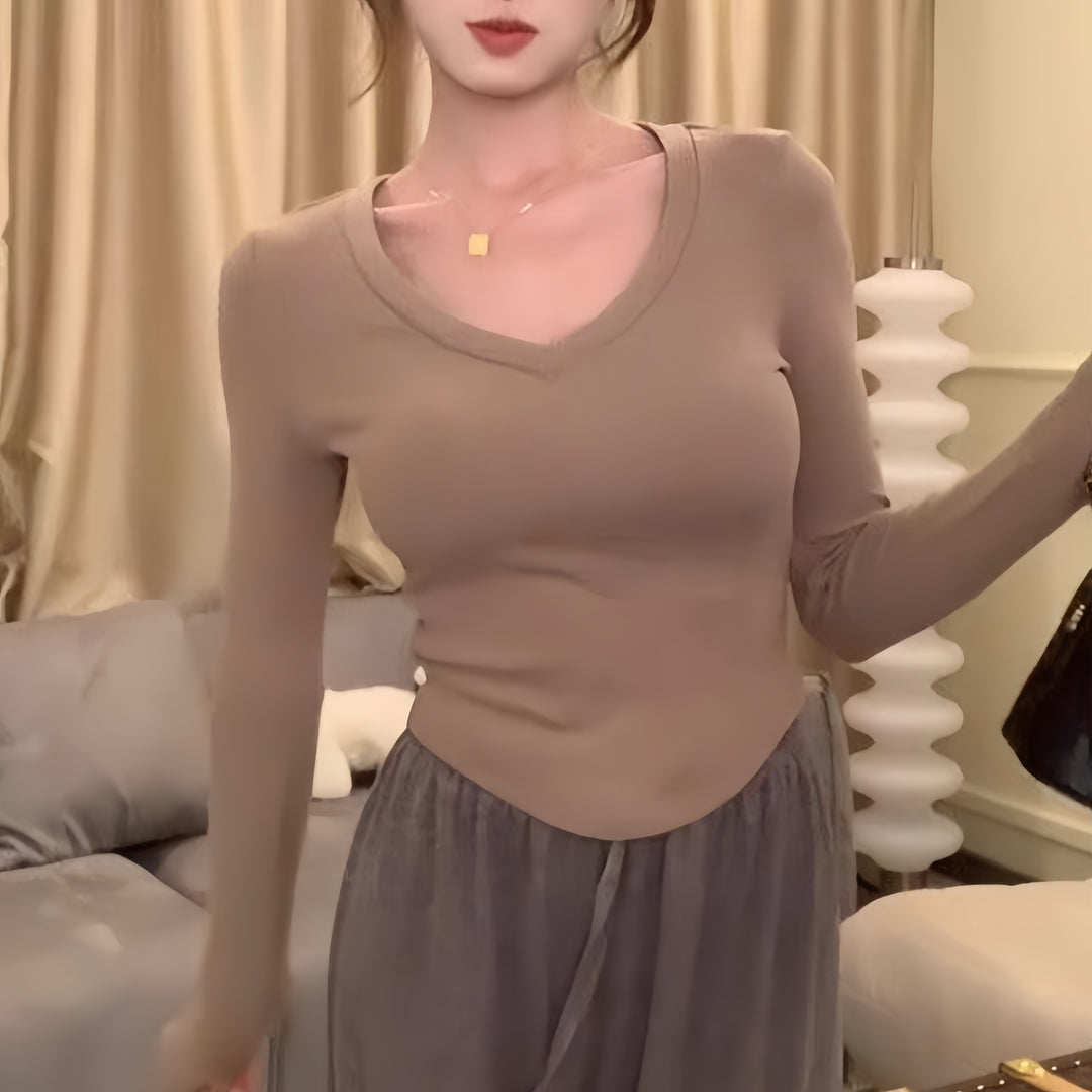 Khaki V Neck Fitted Apple Hem Top