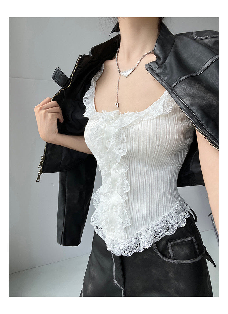 White Square Neck Ruffle Top