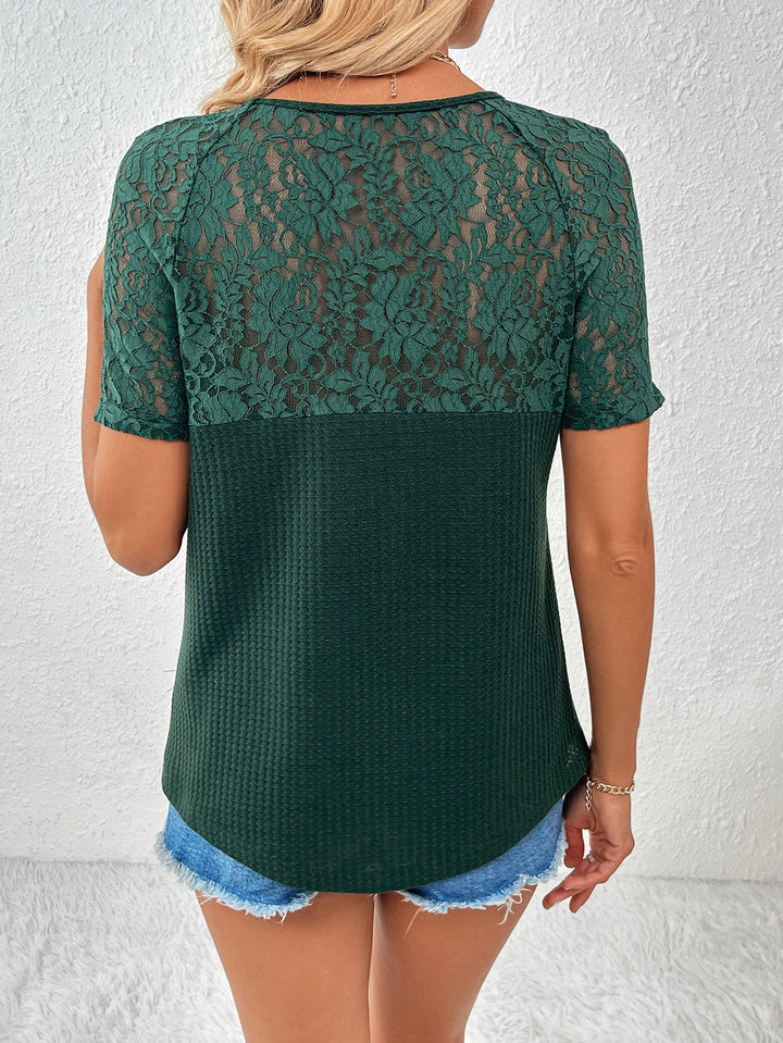 Dark-Green Laced Sleeve V-Neck Top