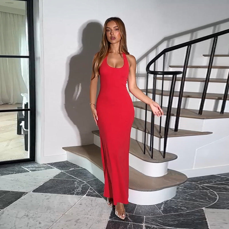 Red Scoop Neck Basic Halter Neck