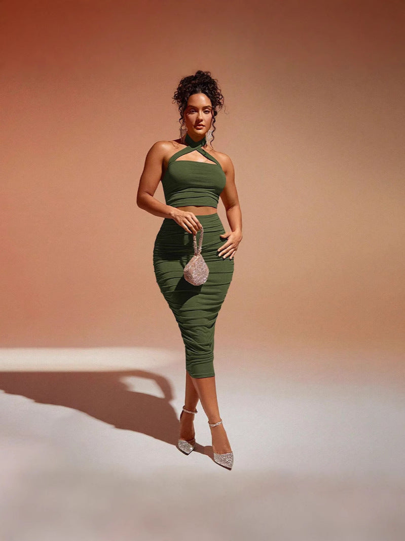 Olive Cross Over Halter Neck Ruched Top & Skirt Set