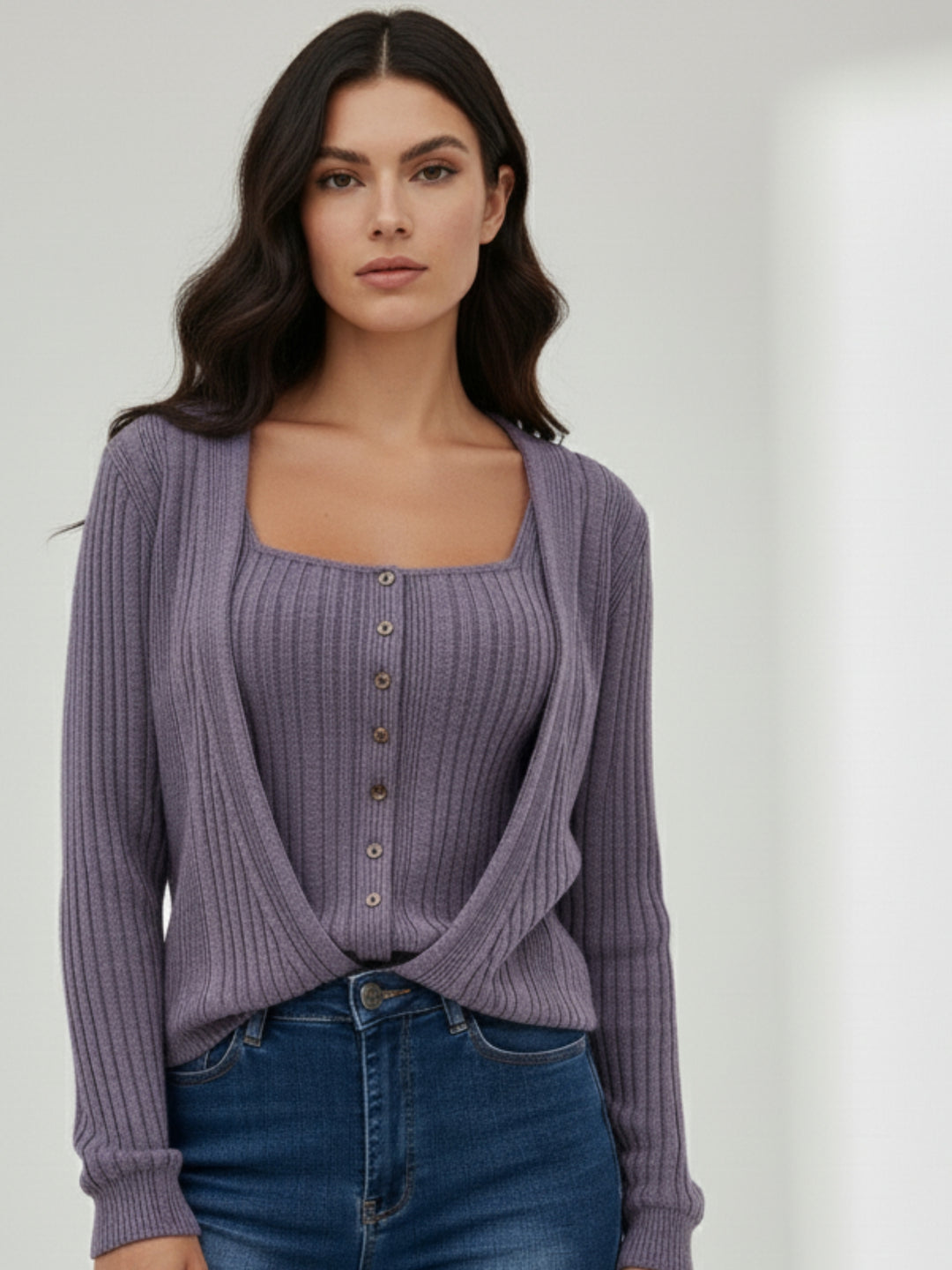 Lilac Textured Button Up Cardigan Styled Sweater