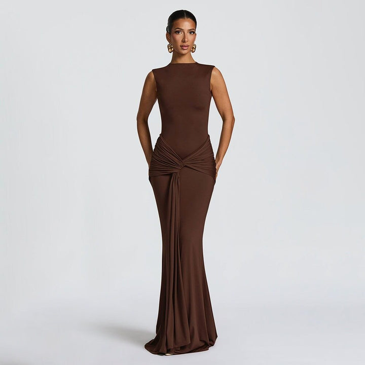 Brown Sleeveless Waist Tie-Up Dress
