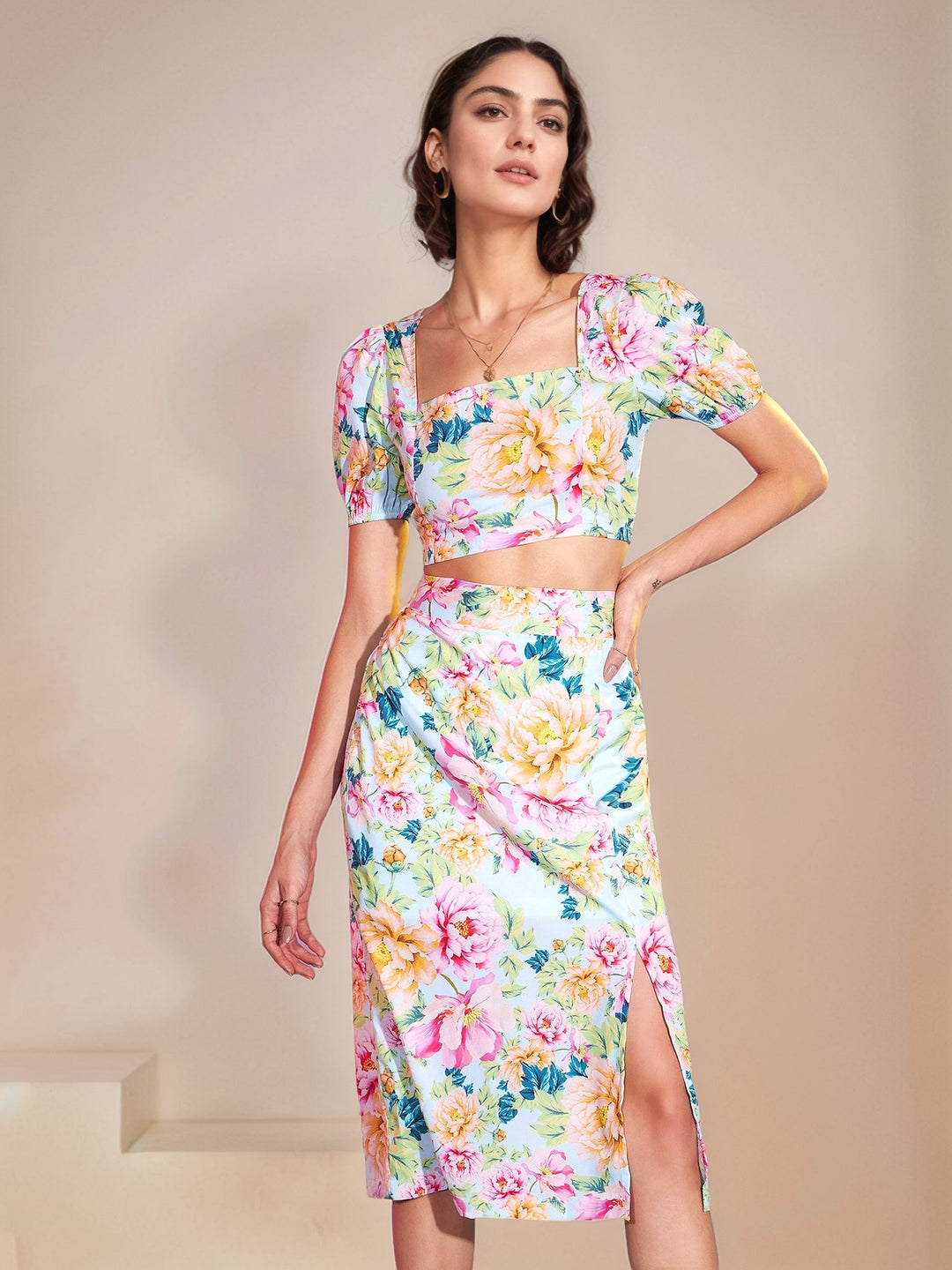 Multi Short Sleeve Abstract Printed Top And Skirt Set