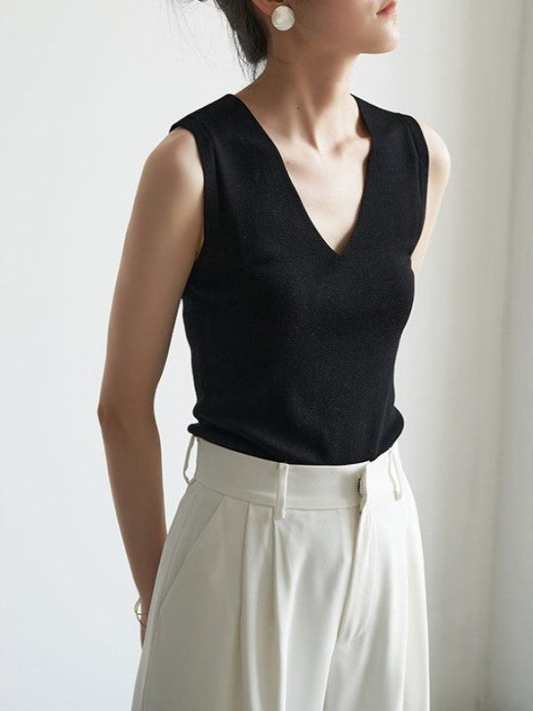 Black Deep V Neck Tank Top