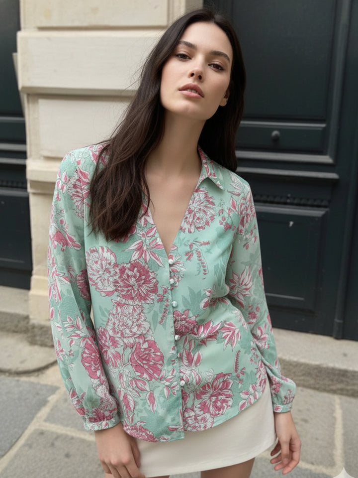 Green Floral Printed Button Down Shirt