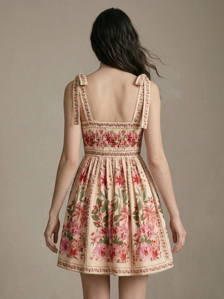 Multi Square Neck Printed Tie Up Straps Dress