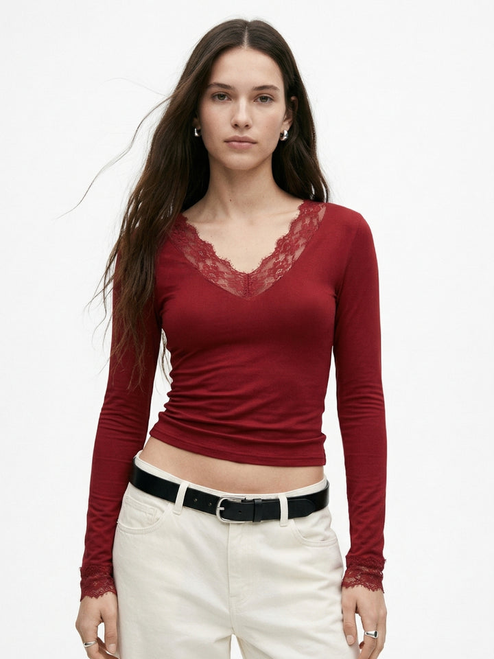 Maroon Full Sleeve Lace Top