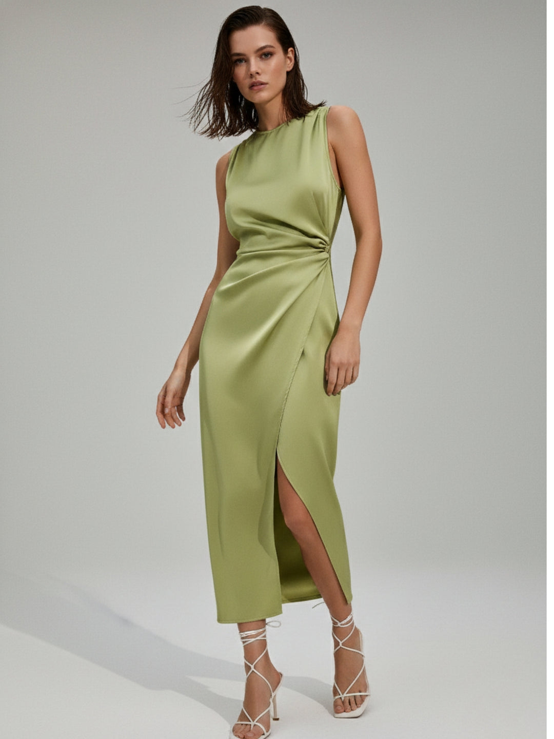 Green High Neck Semi Cowl Neck Dress