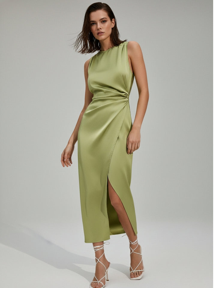 Green High Neck Semi Cowl Neck Dress