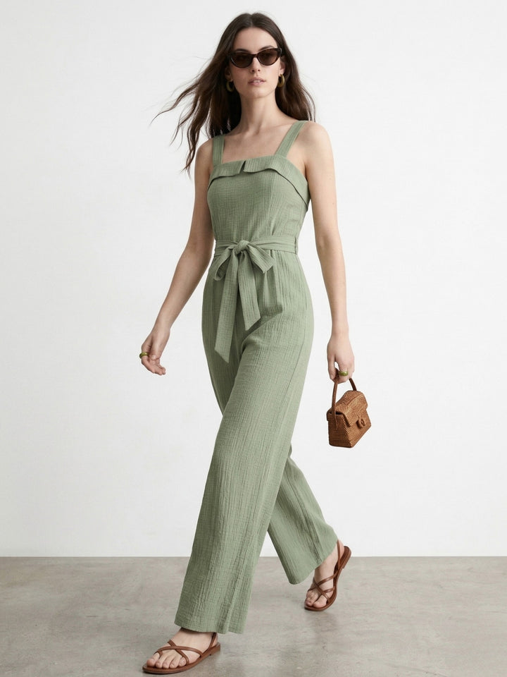 Green Shoulder Strap Waist Tie Up Jumpsuits