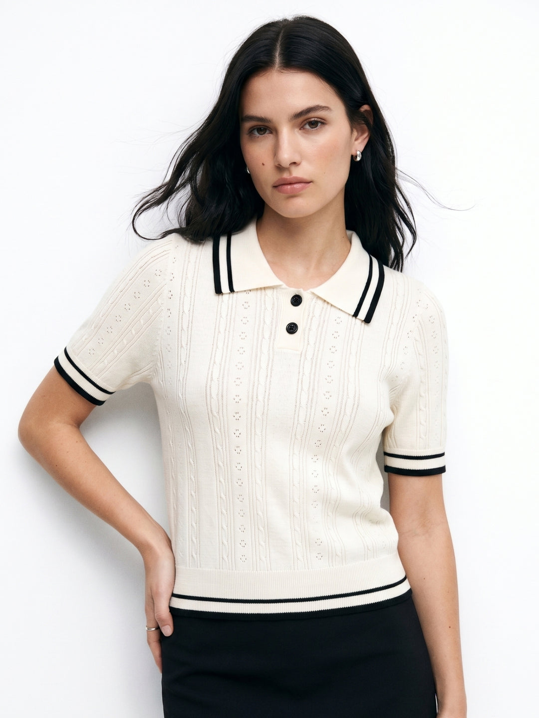 White Contrast Striped Half Button Down Polo Top