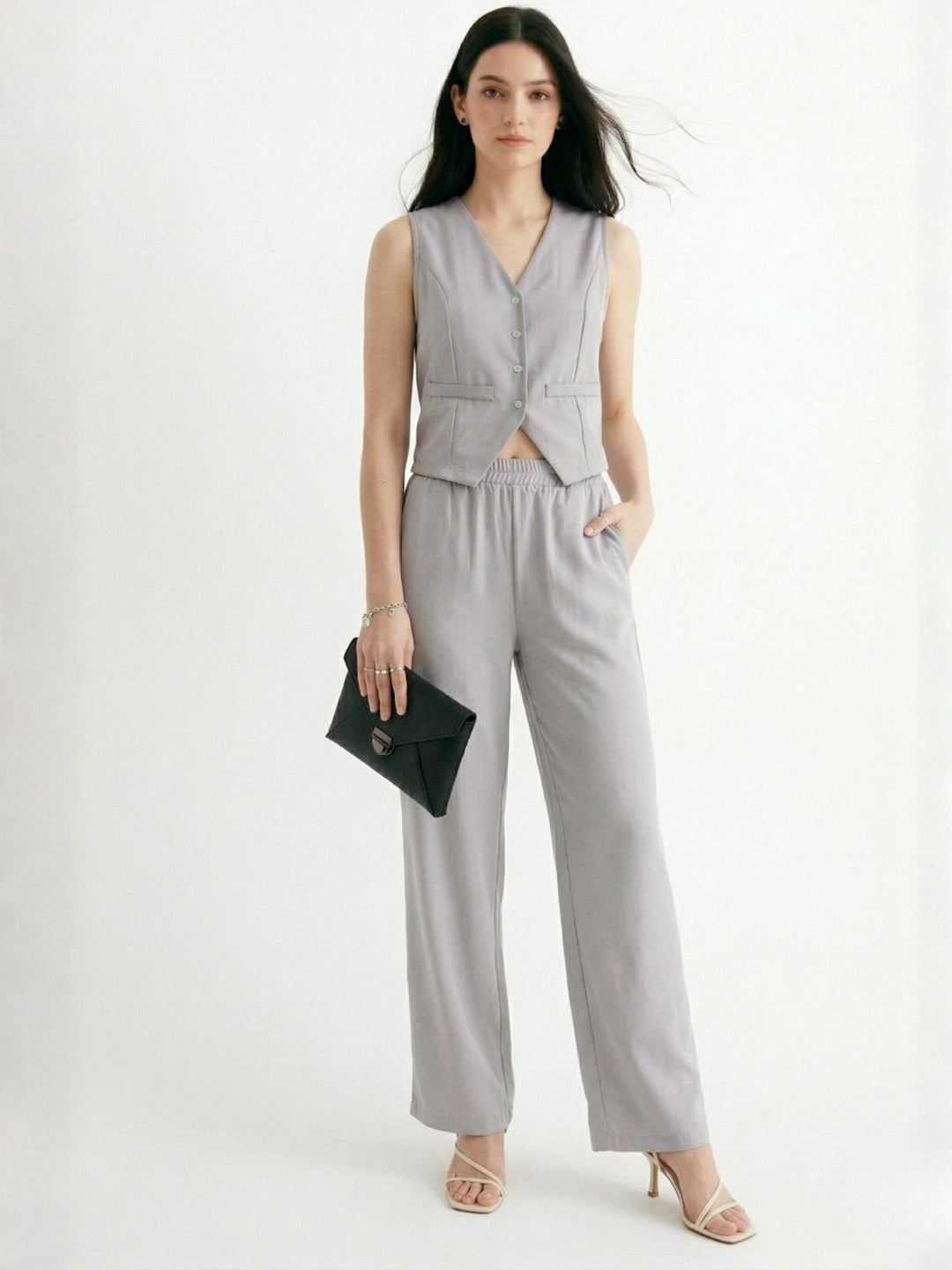 Grey Button Down Sleeveless Vest Top And Trousers Co-Ord Set