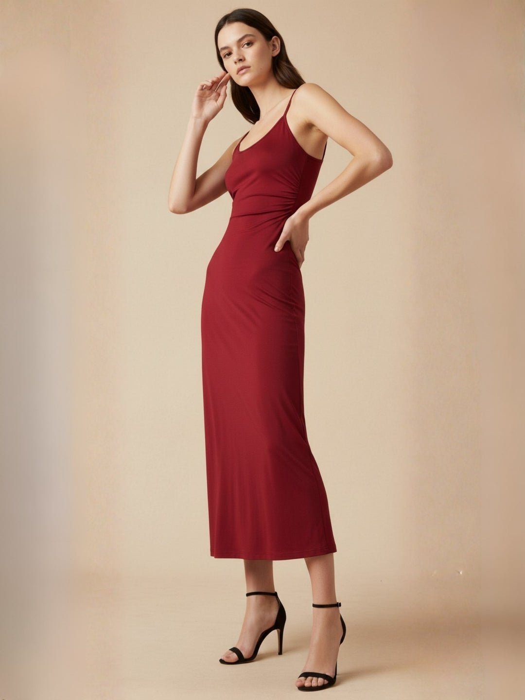 Maroon Spaghetti Strap Flared Dress