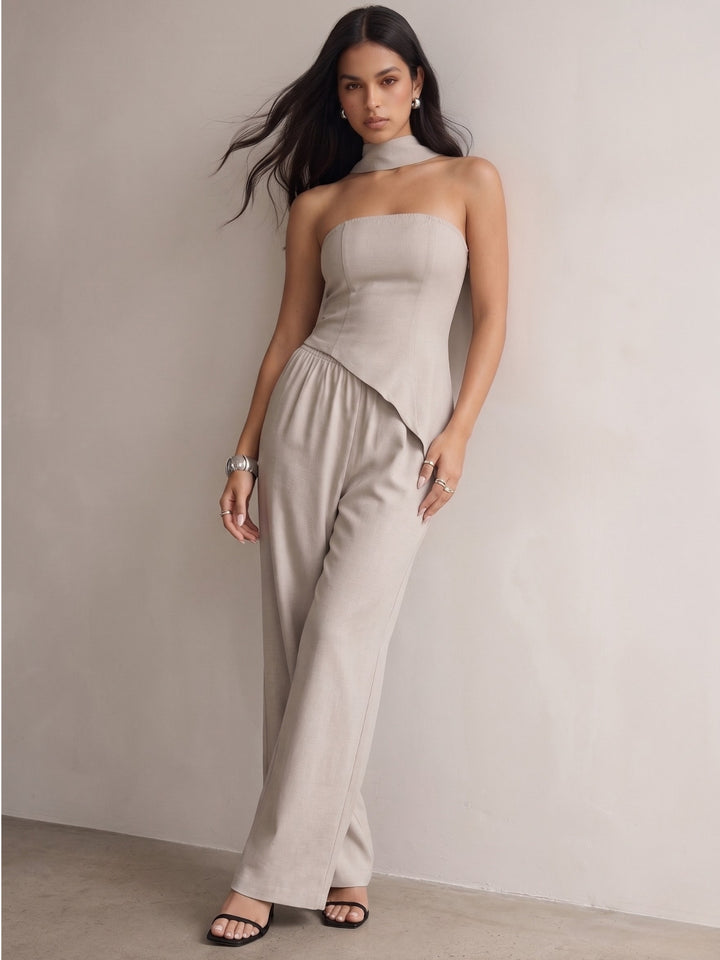 Grey Off Shoulder Asymmetrical Top And Pant Set
