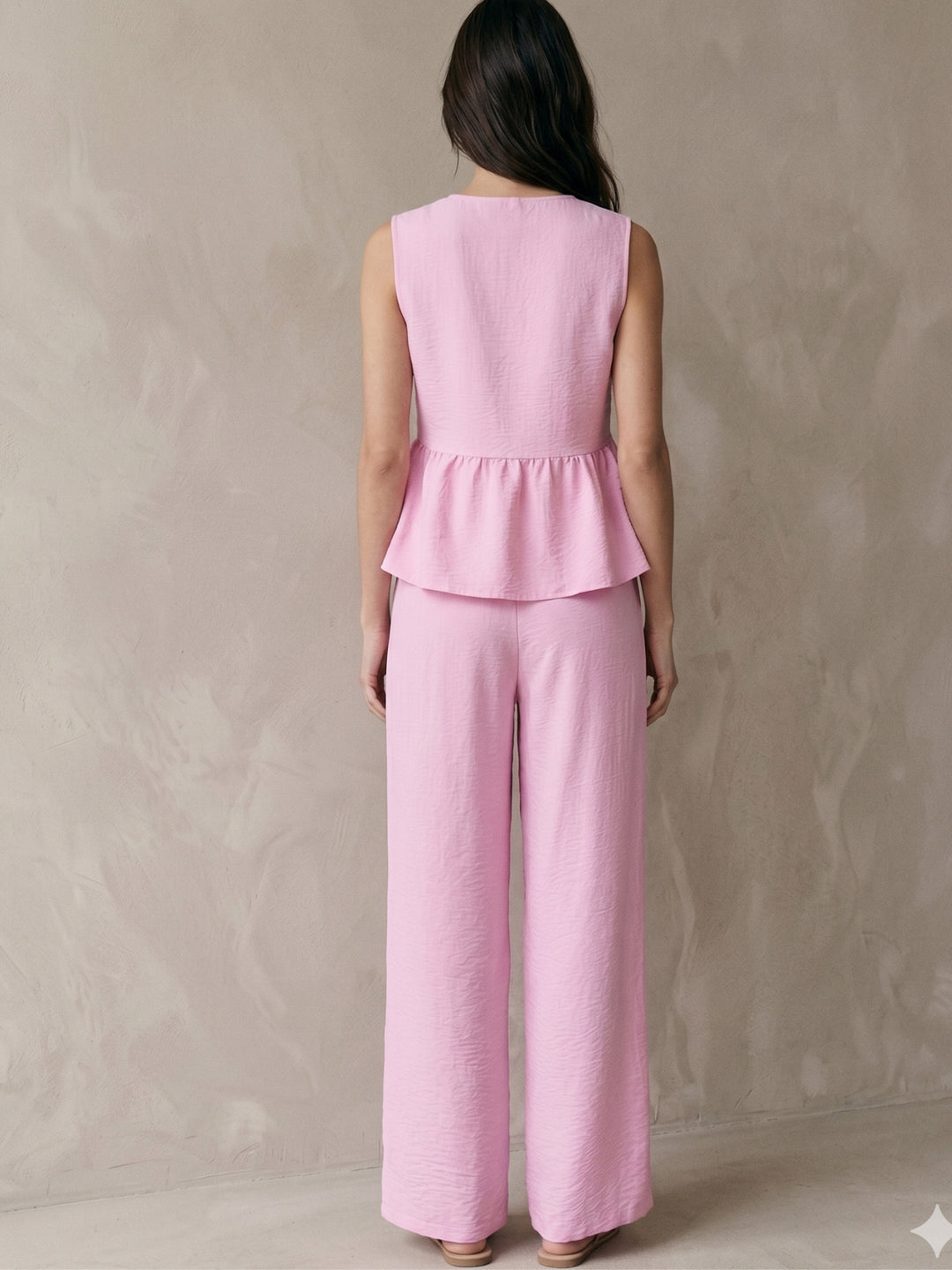 Pink Sleeveless Front Buttoned Top And Pant Set